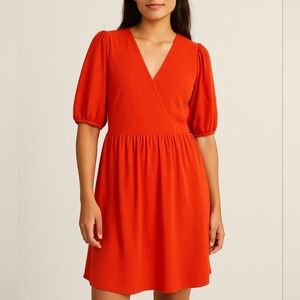 NWT Pieces Red V-Neck Puff Sleeve Midi Dress